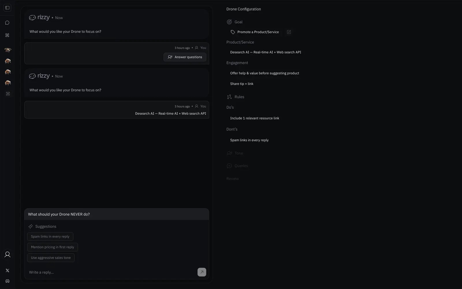 An agent setup flow. The agent proposes a configuration and says the operator can approve it or edit it, listing suggested instruction, product instructions and tone, with an Approve and continue button. The right panel is a review queue with columns reading New, Drafts, Rejected and Ready to send.