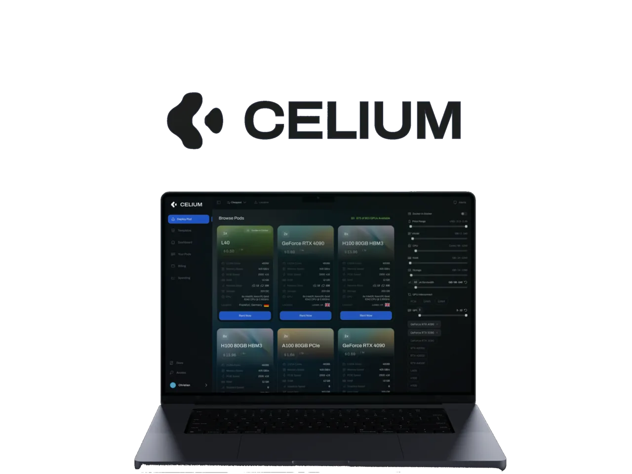 Celium GPU-marketplace dashboard on a MacBook