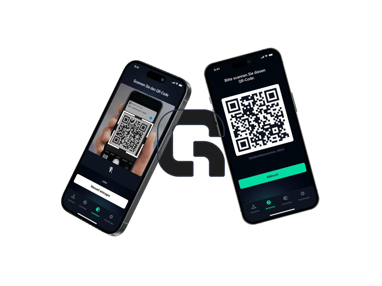 CloakQR QR-code cloakroom check-in on two iPhones