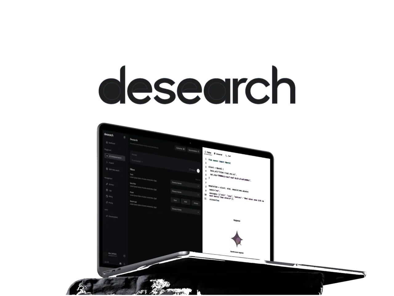 Desearch decentralized research dashboard on a MacBook