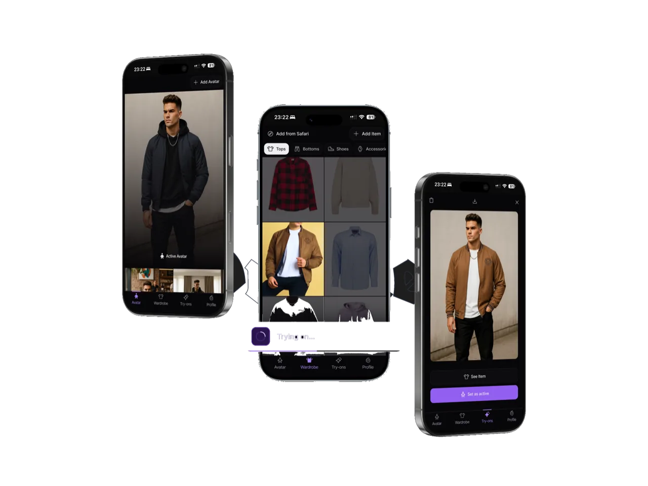 Drippler virtual try-on wardrobe app on three iPhones